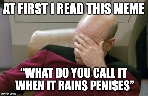 Captain Picard Facepalm Meme | AT FIRST I READ THIS MEME “WHAT DO YOU CALL IT WHEN IT RAINS P**ISES” | image tagged in memes,captain picard facepalm | made w/ Imgflip meme maker