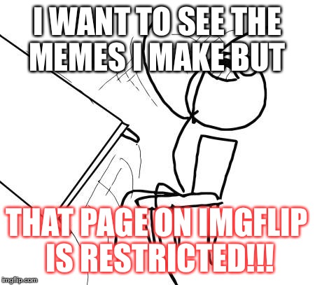 Table Flip Guy Meme | I WANT TO SEE THE MEMES I MAKE BUT; THAT PAGE ON IMGFLIP IS RESTRICTED!!! | image tagged in memes,table flip guy | made w/ Imgflip meme maker