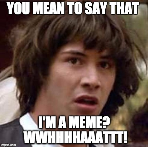 Conspiracy Keanu | YOU MEAN TO SAY THAT; I'M A MEME? WWHHHHAAATTT! | image tagged in memes,conspiracy keanu | made w/ Imgflip meme maker