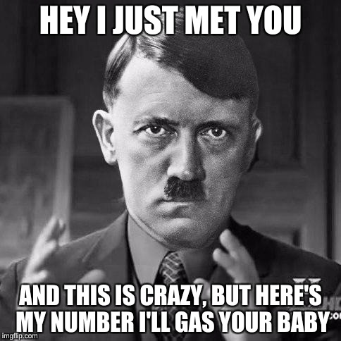 Adolf Hitler aliens |  HEY I JUST MET YOU; AND THIS IS CRAZY, BUT HERE'S MY NUMBER I'LL GAS YOUR BABY | image tagged in adolf hitler aliens | made w/ Imgflip meme maker