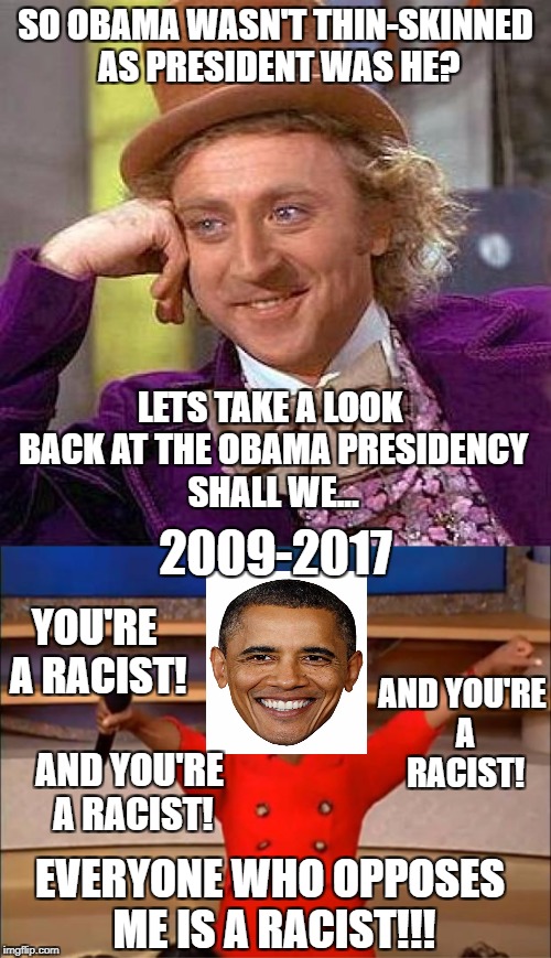 Obama vs Trump | SO OBAMA WASN'T THIN-SKINNED AS PRESIDENT WAS HE? LETS TAKE A LOOK BACK AT THE OBAMA PRESIDENCY SHALL WE... 2009-2017; YOU'RE A RACIST! AND YOU'RE A RACIST! AND YOU'RE A RACIST! EVERYONE WHO OPPOSES ME IS A RACIST!!! | image tagged in memes,barack obama,donald trump,liberal logic,liberal hypocrisy,obama | made w/ Imgflip meme maker
