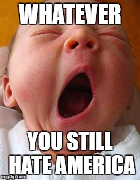 Yawn | WHATEVER; YOU STILL HATE AMERICA | image tagged in yawn | made w/ Imgflip meme maker