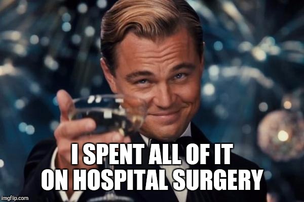 Leonardo Dicaprio Cheers Meme | I SPENT ALL OF IT ON HOSPITAL SURGERY | image tagged in memes,leonardo dicaprio cheers | made w/ Imgflip meme maker