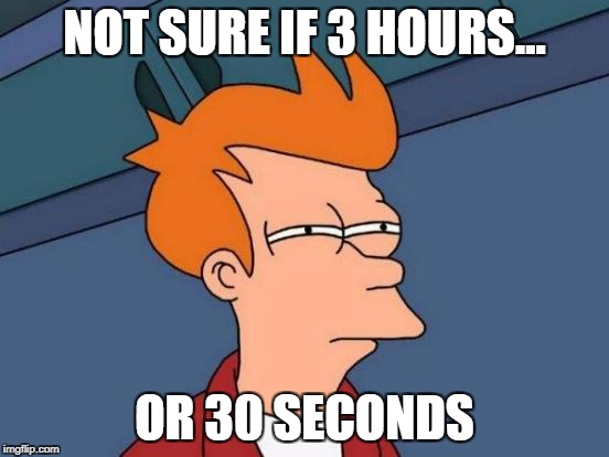 Futurama Fry Meme | NOT SURE IF 3 HOURS... OR 30 SECONDS | image tagged in memes,futurama fry | made w/ Imgflip meme maker