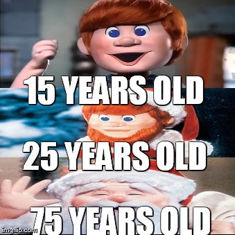 15 YEARS OLD; 25 YEARS OLD; 75 YEARS OLD | image tagged in movies,christmas,holidays,santa claus,animation | made w/ Imgflip meme maker
