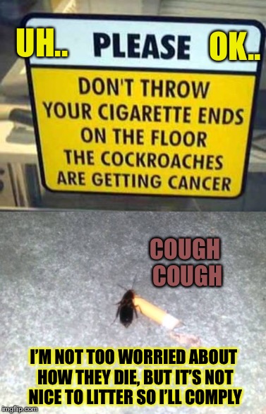 It rhymes  | OK.. UH.. COUGH COUGH; I’M NOT TOO WORRIED ABOUT HOW THEY DIE, BUT IT’S NOT NICE TO LITTER SO I’LL COMPLY | image tagged in funny sign,no smoking,cockroaches,smoking,cockroach | made w/ Imgflip meme maker