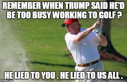 REMEMBER WHEN TRUMP SAID HE'D BE TOO BUSY WORKING TO GOLF ? HE LIED TO YOU . HE LIED TO US ALL . | image tagged in trump | made w/ Imgflip meme maker