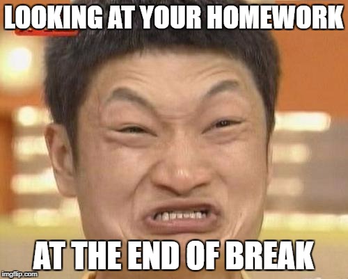Screw school | LOOKING AT YOUR HOMEWORK; AT THE END OF BREAK | image tagged in memes,impossibru guy original,homework | made w/ Imgflip meme maker