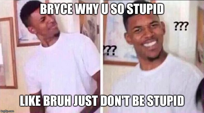 Nick Young Confused | BRYCE WHY U SO STUPID; LIKE BRUH JUST DON'T BE STUPID | image tagged in nick young confused | made w/ Imgflip meme maker