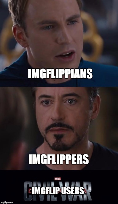 Just one more thing to argue about... | IMGFLIPPIANS; IMGFLIPPERS; IMGFLIP USERS | image tagged in memes,marvel civil war,imgflip users,imgflip | made w/ Imgflip meme maker