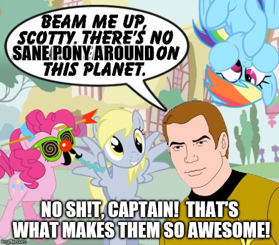 Kirk/My little Pony | SANE PONY AROUND; NO SH!T, CAPTAIN!  THAT'S WHAT MAKES THEM SO AWESOME! | image tagged in kirk/my little pony | made w/ Imgflip meme maker