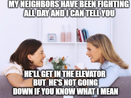 It matters which floors you visit | MY NEIGHBORS HAVE BEEN FIGHTING ALL DAY AND I CAN TELL YOU; HE'LL GET IN THE ELEVATOR BUT  HE'S NOT GOING DOWN IF YOU KNOW WHAT I MEAN | image tagged in women talking,meme | made w/ Imgflip meme maker