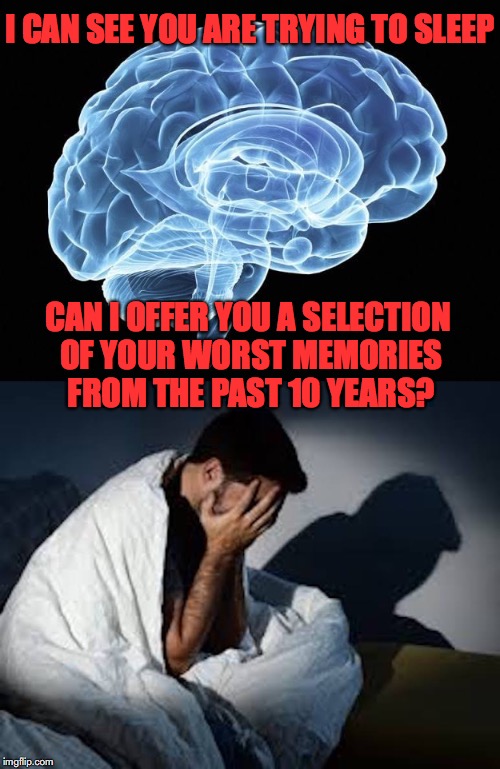 Not Now. Please! | I CAN SEE YOU ARE TRYING TO SLEEP; CAN I OFFER YOU A SELECTION OF YOUR WORST MEMORIES FROM THE PAST 10 YEARS? | image tagged in insomnia,brain | made w/ Imgflip meme maker