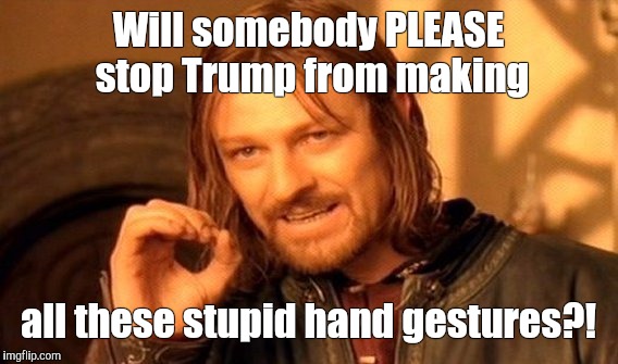 One Does Not Simply | Will somebody PLEASE stop Trump from making; all these stupid hand gestures?! | image tagged in memes,one does not simply | made w/ Imgflip meme maker