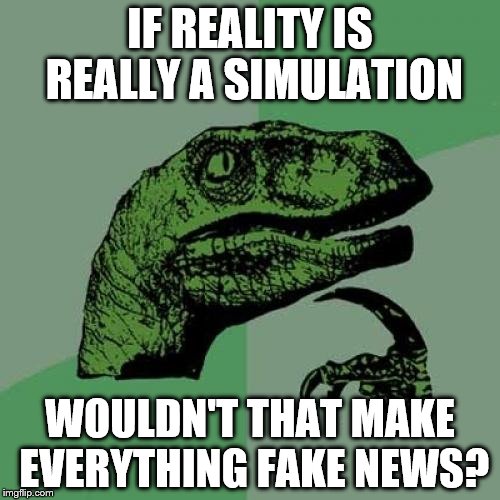 News hmmm | IF REALITY IS REALLY A SIMULATION; WOULDN'T THAT MAKE EVERYTHING FAKE NEWS? | image tagged in memes,philosoraptor,fake news | made w/ Imgflip meme maker