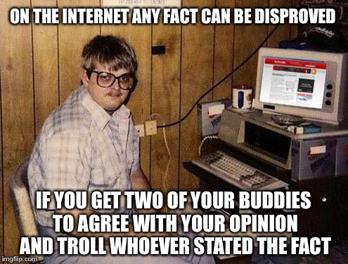 ON THE INTERNET ANY FACT CAN BE DISPROVED IF YOU GET TWO OF YOUR BUDDIES TO AGREE WITH YOUR OPINION AND TROLL WHOEVER STATED THE FACT | image tagged in memes,funny,internet guide | made w/ Imgflip meme maker
