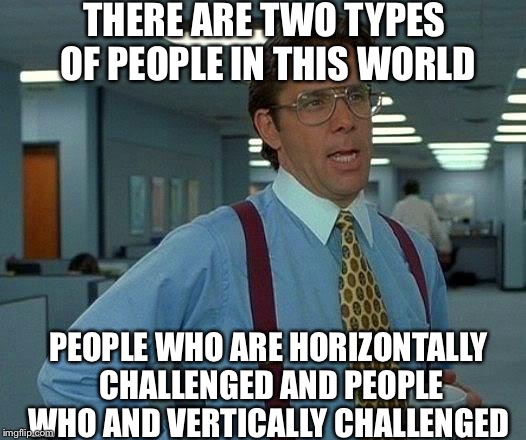 Tall and Short; Skinny and Fat | THERE ARE TWO TYPES OF PEOPLE IN THIS WORLD; PEOPLE WHO ARE HORIZONTALLY CHALLENGED AND PEOPLE WHO AND VERTICALLY CHALLENGED | image tagged in memes,that would be great | made w/ Imgflip meme maker