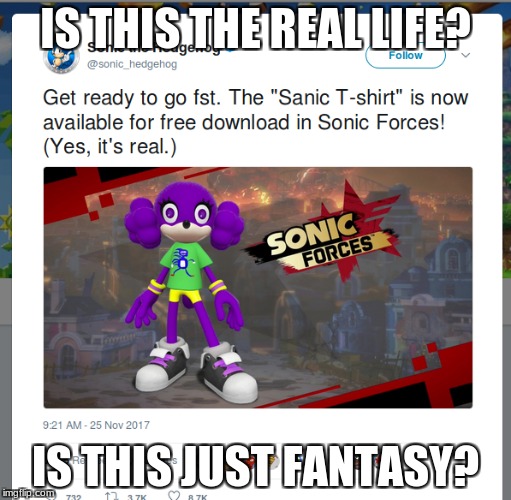 Umm... I got nothing. |  IS THIS THE REAL LIFE? IS THIS JUST FANTASY? | image tagged in sonic forces,sanic t-shirt,queen,bohemian rhapsody,custom character,memes | made w/ Imgflip meme maker