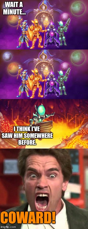 Terraria Familiar Character | WAIT A MINUTE... I THINK I'VE SAW HIM SOMEWHERE BEFORE. COWARD! | image tagged in funny,wait a minute,familiar,i think i've saw him somewhere before,coward,terraria | made w/ Imgflip meme maker