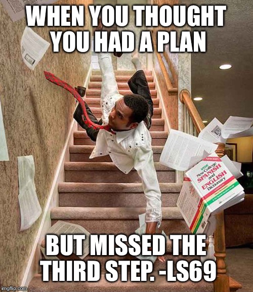 Falling down the stairs | WHEN YOU THOUGHT YOU HAD A PLAN; BUT MISSED THE THIRD STEP. -LS69 | image tagged in falling down the stairs | made w/ Imgflip meme maker