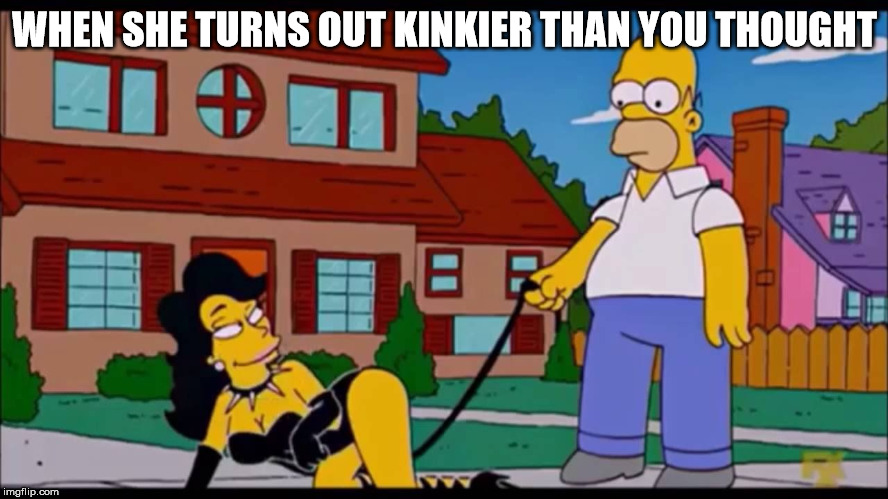 WHEN SHE TURNS OUT KINKIER THAN YOU THOUGHT | image tagged in homer simpsons sm bondage leather dog play leash outside | made w/ Imgflip meme maker