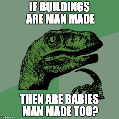 Philosoraptor | IF BUILDINGS ARE MAN MADE; THEN ARE BABIES MAN MADE TOO? | image tagged in memes,philosoraptor | made w/ Imgflip meme maker