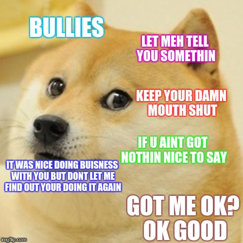 Doge Meme | BULLIES; LET MEH TELL YOU SOMETHIN; KEEP YOUR DAMN MOUTH SHUT; IF U AINT GOT NOTHIN NICE TO SAY; IT WAS NICE DOING BUISNESS WITH YOU BUT DONT LET ME FIND OUT YOUR DOING IT AGAIN; GOT ME OK? OK GOOD | image tagged in memes,doge | made w/ Imgflip meme maker