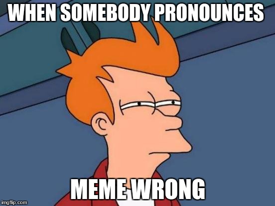 Futurama Fry | WHEN SOMEBODY PRONOUNCES; MEME WRONG | image tagged in memes,futurama fry | made w/ Imgflip meme maker