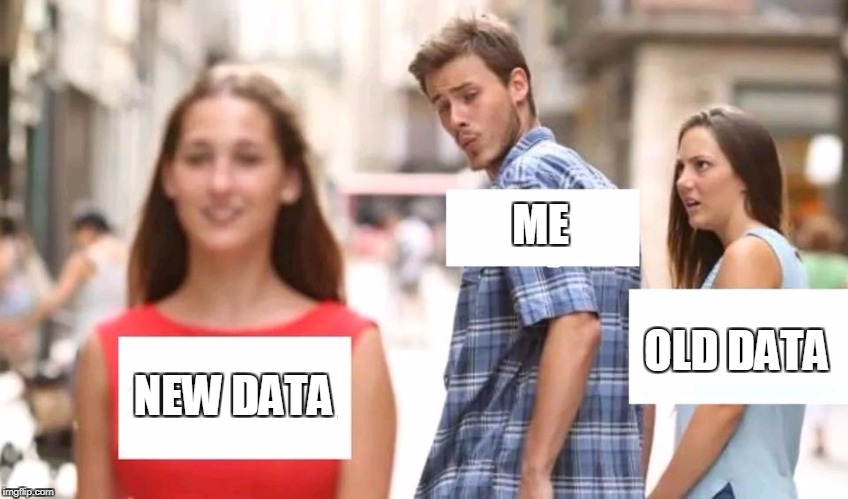Distracted boyfriend | ME; OLD DATA; NEW DATA | image tagged in distracted boyfriend | made w/ Imgflip meme maker