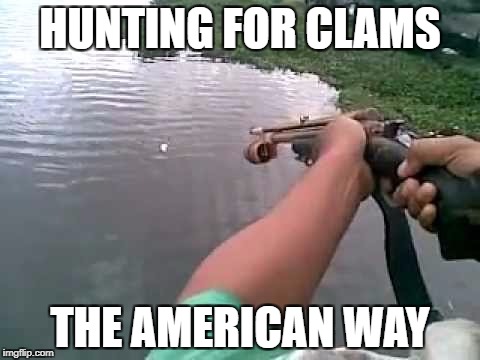 HUNTING FOR CLAMS; THE AMERICAN WAY | image tagged in you're doing it wrong,seafood,guns | made w/ Imgflip meme maker