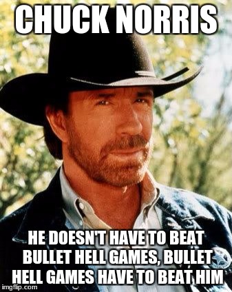 trouble with Bullet hell? look down. | CHUCK NORRIS; HE DOESN'T HAVE TO BEAT BULLET HELL GAMES, BULLET HELL GAMES HAVE TO BEAT HIM | image tagged in memes,chuck norris | made w/ Imgflip meme maker