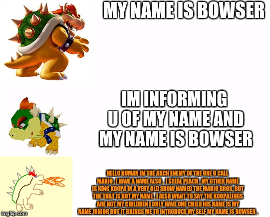 blank page | MY NAME IS BOWSER; IM INFORMING U OF MY NAME AND MY NAME IS BOWSER; HELLO HUMAN IM THE ARCH ENEMY OF THE ONE U CALL MARIO , I HAVE A NAME ALSO ,  I STEAL PEACH , MY OTHER NAME IS KING KOOPA IN A VERY OLD SHOW NAMED THE MARIO BROS. BUT THE THAT IS NOT MY NAME . I ALSO WANT TO SAY THE KOOPALINGS ARE NOT MY CHILDREN I ONLY HAVE ONE CHILD HIS NAME IS MY NAME JUNIOR BUT IT BRINGS ME TO INTRODUCE MY SELF MY NAME IS BOWSER . | image tagged in blank page | made w/ Imgflip meme maker