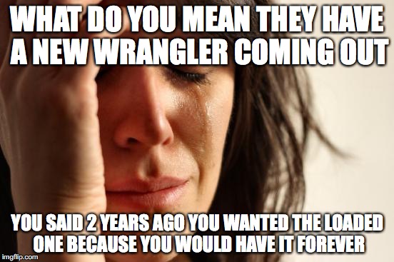 First World Problems Meme | WHAT DO YOU MEAN THEY HAVE A NEW WRANGLER COMING OUT; YOU SAID 2 YEARS AGO YOU WANTED THE LOADED ONE BECAUSE YOU WOULD HAVE IT FOREVER | image tagged in memes,first world problems | made w/ Imgflip meme maker
