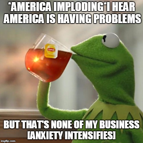 But That's None Of My Business | *AMERICA IMPLODING*I HEAR AMERICA IS HAVING PROBLEMS; BUT THAT'S NONE OF MY BUSINESS [ANXIETY INTENSIFIES] | image tagged in memes,but thats none of my business,kermit the frog | made w/ Imgflip meme maker