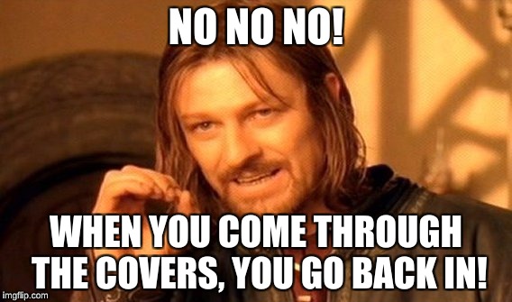 One Does Not Simply Meme | NO NO NO! WHEN YOU COME THROUGH THE COVERS, YOU GO BACK IN! | image tagged in memes,one does not simply | made w/ Imgflip meme maker