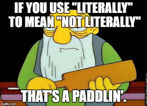 That's a paddlin' Meme | IF YOU USE "LITERALLY" TO MEAN "NOT LITERALLY"; THAT'S A PADDLIN'. | image tagged in memes,that's a paddlin' | made w/ Imgflip meme maker