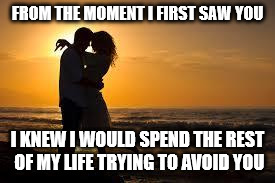 couple | FROM THE MOMENT I FIRST SAW YOU; I KNEW I WOULD SPEND THE REST OF MY LIFE TRYING TO AVOID YOU | image tagged in couple | made w/ Imgflip meme maker