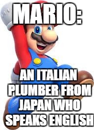 mario | MARIO:; AN ITALIAN PLUMBER FROM JAPAN WHO SPEAKS ENGLISH | image tagged in mario,memes,funny | made w/ Imgflip meme maker