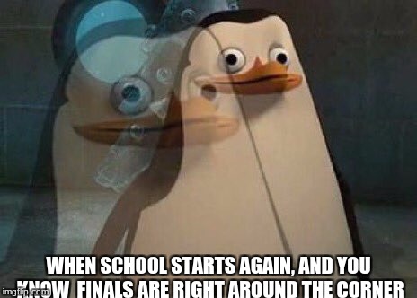 Back from Thanksgiving break. | WHEN SCHOOL STARTS AGAIN, AND YOU KNOW  FINALS ARE RIGHT AROUND THE CORNER | image tagged in dumb penguin,slowstack | made w/ Imgflip meme maker