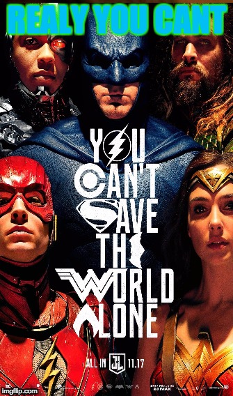You cant save the world alone? | REALY YOU CANT | image tagged in justice league | made w/ Imgflip meme maker