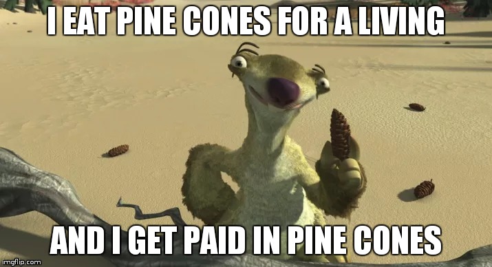 I eat pine cones | I EAT PINE CONES FOR A LIVING; AND I GET PAID IN PINE CONES | image tagged in ice age,sid,pine cone | made w/ Imgflip meme maker
