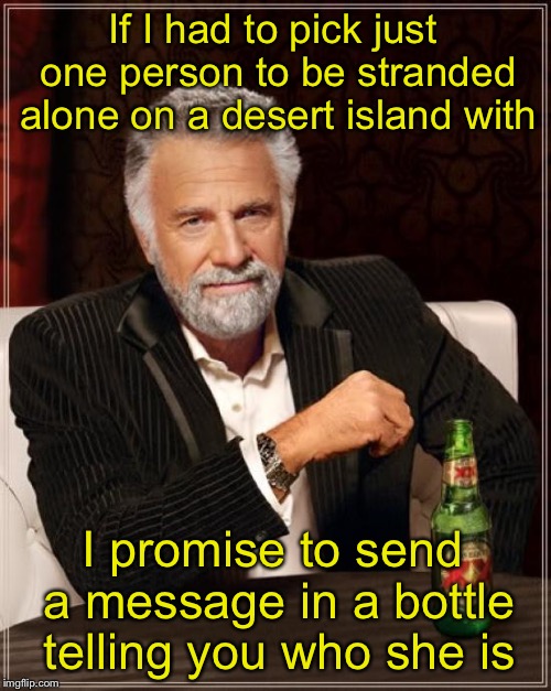 The Most Interesting Man In The World Meme | If I had to pick just one person to be stranded alone on a desert island with; I promise to send a message in a bottle telling you who she is | image tagged in memes,the most interesting man in the world | made w/ Imgflip meme maker