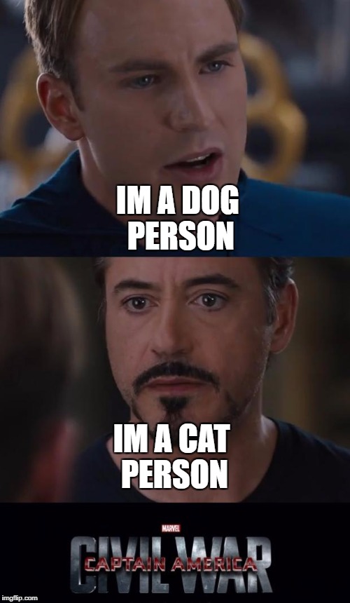 WHY THE CIVIL WAR HAPPENED | IM A DOG PERSON; IM A CAT PERSON | image tagged in memes,marvel civil war | made w/ Imgflip meme maker