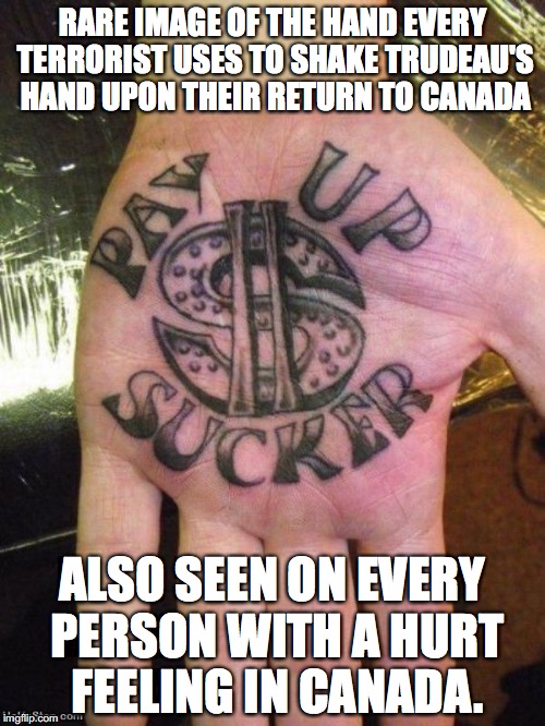 Pay up sucker | RARE IMAGE OF THE HAND EVERY TERRORIST USES TO SHAKE TRUDEAU'S HAND UPON THEIR RETURN TO CANADA; ALSO SEEN ON EVERY PERSON WITH A HURT FEELING IN CANADA. | image tagged in pay up sucker,canada,justin trudeau | made w/ Imgflip meme maker