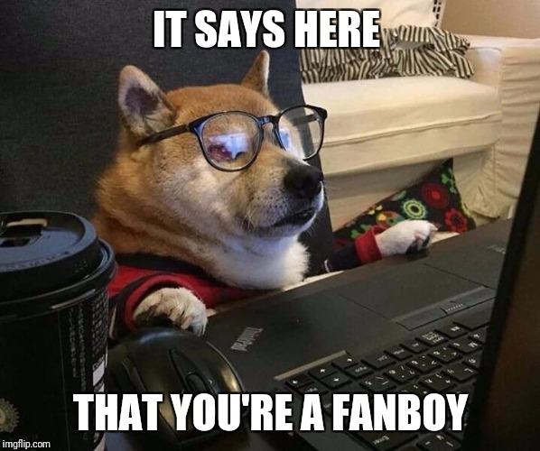 Doggo glasses | IT SAYS HERE; THAT YOU'RE A FANBOY | image tagged in doggo glasses | made w/ Imgflip meme maker