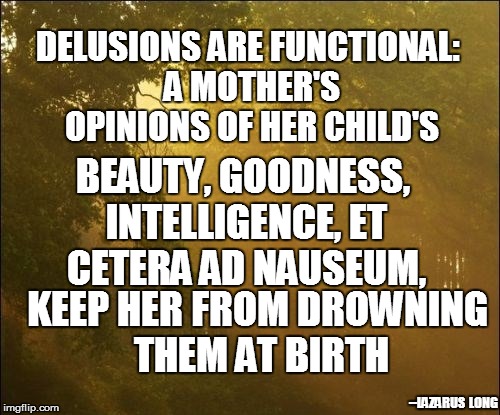 Go ahead - prove I'm wrong! | DELUSIONS ARE FUNCTIONAL: A MOTHER'S OPINIONS OF HER CHILD'S; BEAUTY, GOODNESS, INTELLIGENCE, ET CETERA AD NAUSEUM, KEEP HER FROM DROWNING THEM AT BIRTH; --LAZARUS  LONG | image tagged in funny,philosoraptor | made w/ Imgflip meme maker