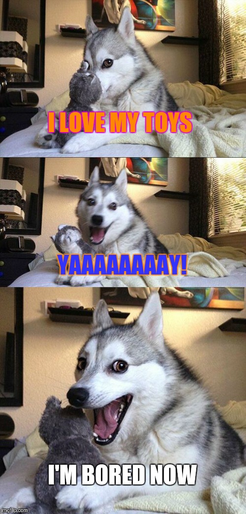 Bad Pun Dog Meme | I LOVE MY TOYS; YAAAAAAAAY! I'M BORED NOW | image tagged in memes,bad pun dog | made w/ Imgflip meme maker
