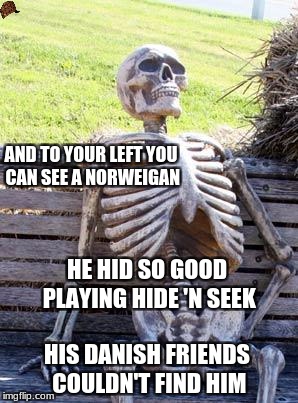 Waiting Skeleton | AND TO YOUR LEFT YOU CAN SEE A NORWEIGAN; HE HID SO GOOD PLAYING HIDE 'N SEEK; HIS DANISH FRIENDS COULDN'T FIND HIM | image tagged in memes,waiting skeleton,scumbag | made w/ Imgflip meme maker