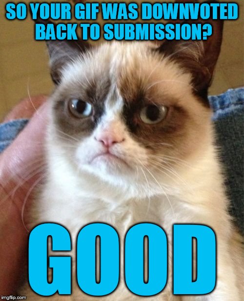 oh BOO HOO cry me a river isay | SO YOUR GIF WAS DOWNVOTED BACK TO SUBMISSION? GOOD | image tagged in memes,grumpy cat,isayisay | made w/ Imgflip meme maker