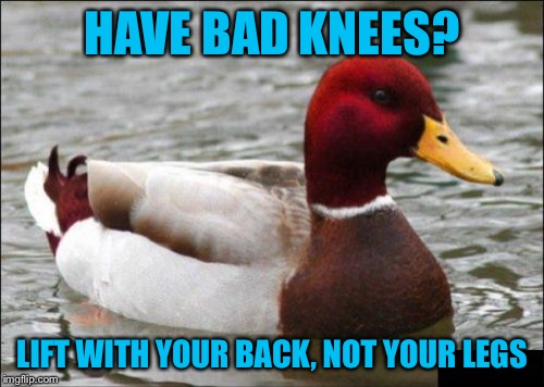 Malicious Advice Mallard Meme | HAVE BAD KNEES? LIFT WITH YOUR BACK, NOT YOUR LEGS | image tagged in memes,malicious advice mallard | made w/ Imgflip meme maker